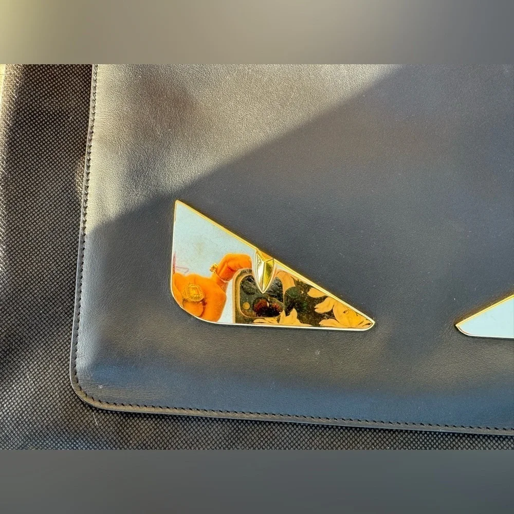 Fendi Monster Clutch Black Leather Gold hardware EUC RARE Collectible - Picture 3 of 11